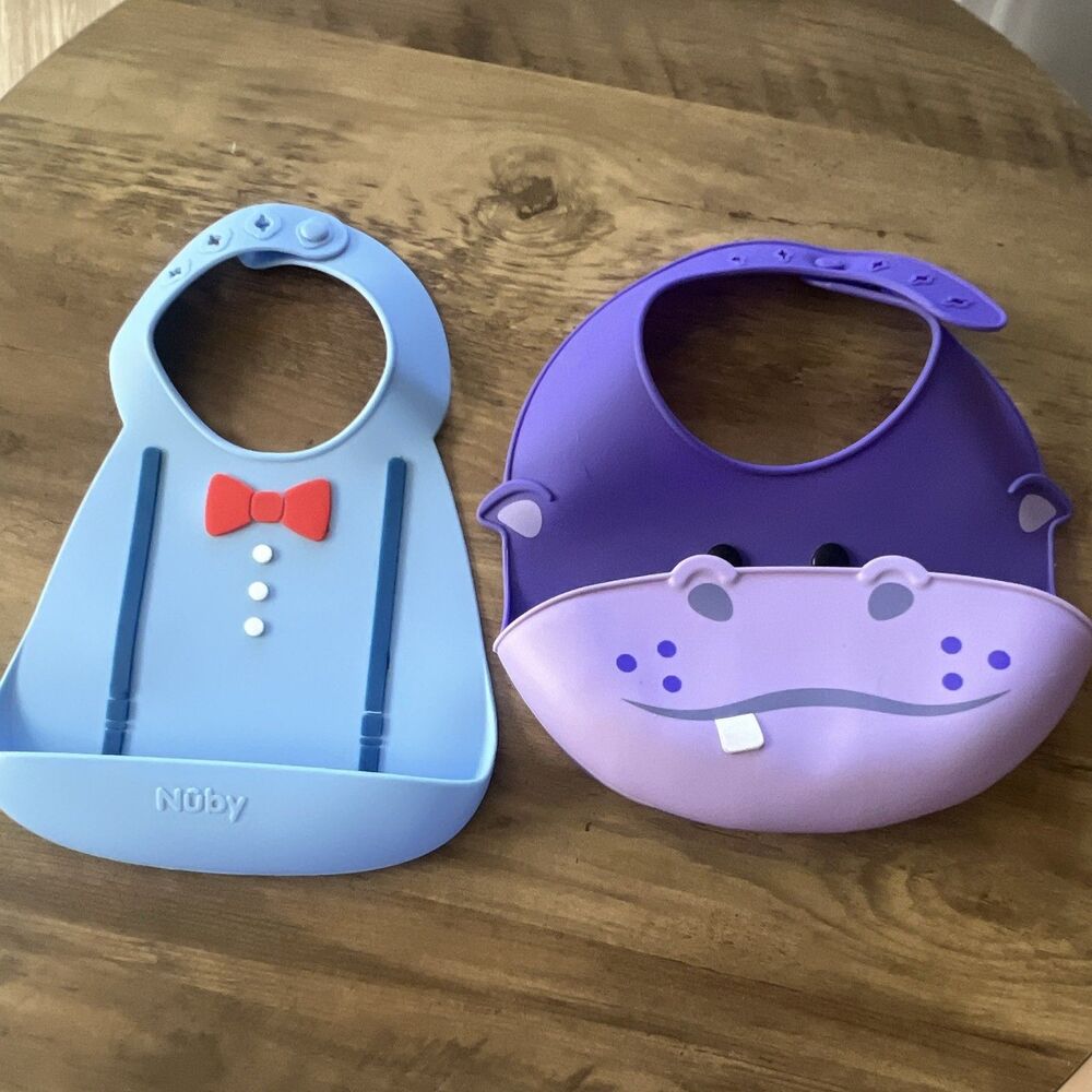Nûby and Silly Goose Silicone Baby Feeding Bib, Dishwasher Safe, Blue